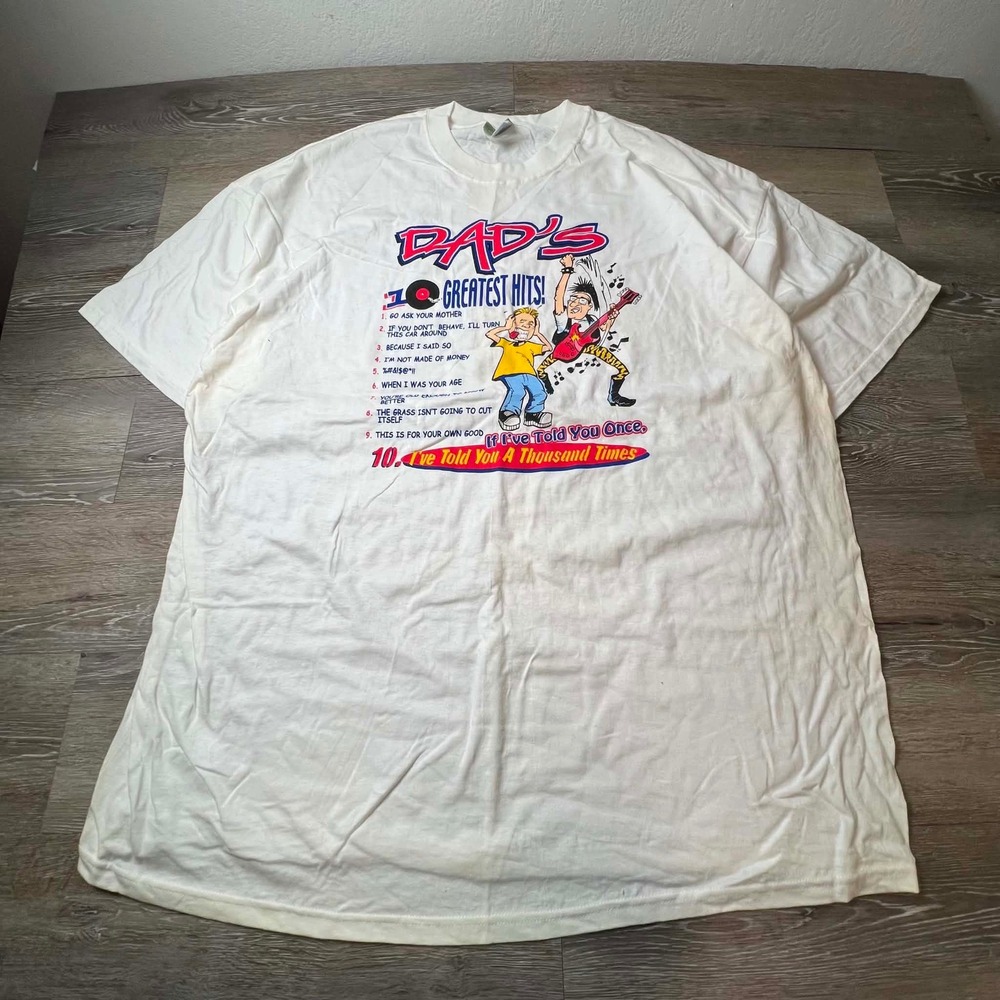 Dad's Greatest Hits T-Shirt Mens 3XL White Graphic Funny Fatherhood Tee